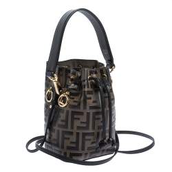 Pre Owned Fendi Brown/Black Zucca Leather Mini Mon Tresor Drawstring Bucket Bag