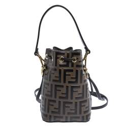 Pre Owned Fendi Brown/Black Zucca Leather Mini Mon Tresor Drawstring Bucket Bag