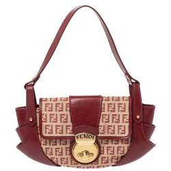 Pre Owned Fendi Red/Beige Canvas and Leather Pochette Bag