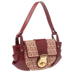 Pre Owned Fendi Red/Beige Canvas and Leather Pochette Bag
