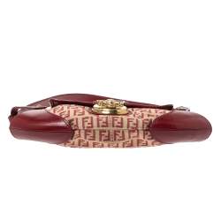 Pre Owned Fendi Red/Beige Canvas and Leather Pochette Bag