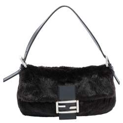 Pre Owned Fendi Black Shearling and Leather Mama Baguette Bag