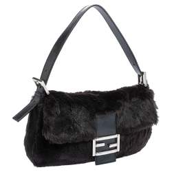 Pre Owned Fendi Black Shearling and Leather Mama Baguette Bag