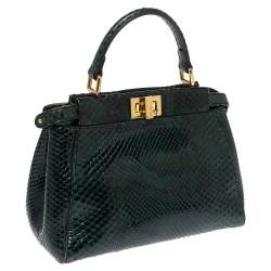 Pre Owned Fendi Green Python Mini Peekaboo Top Handle Bag
