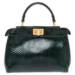 Pre Owned Fendi Green Python Mini Peekaboo Top Handle Bag
