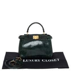 Pre Owned Fendi Green Python Mini Peekaboo Top Handle Bag