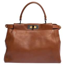 Pre Owned Fendi Tan Leather Medium Peekaboo Top Handle Bag