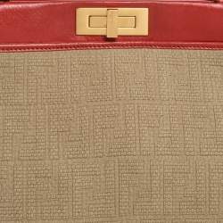 Pre Owned Fendi Beige/Red Zucca Corda Pumpkin Rope and Leather Large Peekaboo Top Handle Bag