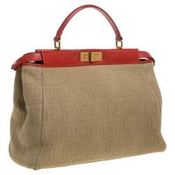 Pre Owned Fendi Beige/Red Zucca Corda Pumpkin Rope and Leather Large Peekaboo Top Handle Bag