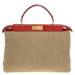 Pre Owned Fendi Beige/Red Zucca Corda Pumpkin Rope and Leather Large Peekaboo Top Handle Bag