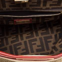 Pre Owned Fendi Beige/Red Zucca Corda Pumpkin Rope and Leather Large Peekaboo Top Handle Bag