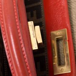 Pre Owned Fendi Beige/Red Zucca Corda Pumpkin Rope and Leather Large Peekaboo Top Handle Bag