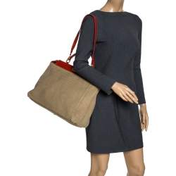 Pre Owned Fendi Beige/Red Zucca Corda Pumpkin Rope and Leather Large Peekaboo Top Handle Bag