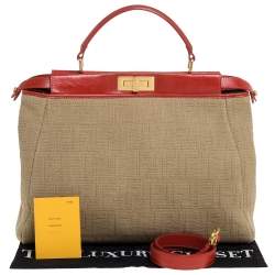 Pre Owned Fendi Beige/Red Zucca Corda Pumpkin Rope and Leather Large Peekaboo Top Handle Bag