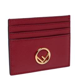 Pre Owned Fendi Red Leather F Logo Card Holder