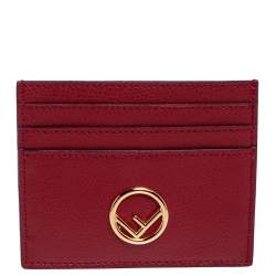 Pre Owned Fendi Red Leather F Logo Card Holder