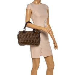 Pre Owned Fendi Tobacco Zucca Coated Canvas Small Boston Bag
