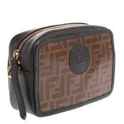 Pre Owned Fendi Black Brown Zucca Coated Canvas and Leather Mini Camera Bag