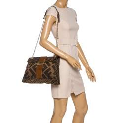 Fendi Tobacco Zucca Canvas and Leather Maxi Baguette Flap Shoulder Bag