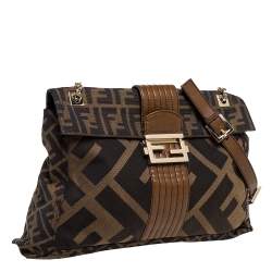 Fendi Tobacco Zucca Canvas and Leather Maxi Baguette Flap Shoulder Bag