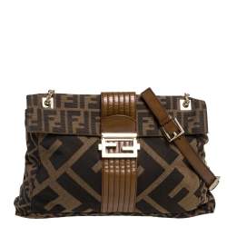 Fendi Tobacco Zucca Canvas and Leather Maxi Baguette Flap Shoulder Bag