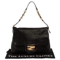 Pre Owned Fendi Black Iridescent Leather Mama Forever Large Flap Shoulder Bag