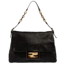 Pre Owned Fendi Black Iridescent Leather Mama Forever Large Flap Shoulder Bag