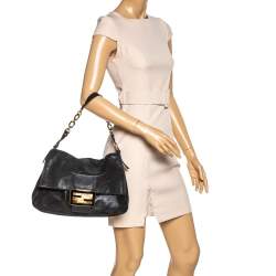Pre Owned Fendi Black Iridescent Leather Mama Forever Large Flap Shoulder Bag