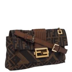Pre Owned Fendi Brown Zucca Canvas and Leather Baguette Chain Shoulder Bag