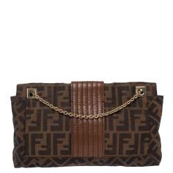 Pre Owned Fendi Brown Zucca Canvas and Leather Baguette Chain Shoulder Bag