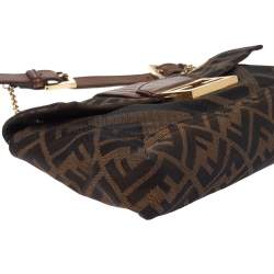 Pre Owned Fendi Brown Zucca Canvas and Leather Baguette Chain Shoulder Bag
