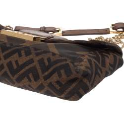 Pre Owned Fendi Brown Zucca Canvas and Leather Baguette Chain Shoulder Bag