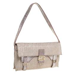 Pre Owned Fendi Biege Shimmer Zucchino Canvas and Leather Sweet Pochette Bag