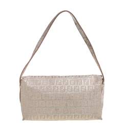 Pre Owned Fendi Biege Shimmer Zucchino Canvas and Leather Sweet Pochette Bag