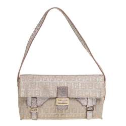 Pre Owned Fendi Biege Shimmer Zucchino Canvas and Leather Sweet Pochette Bag