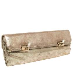 Pre Owned Fendi Gold Shimmer Leather Flap Long Clutch