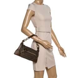 Pre Owned Fendi Tobacco Zucchino Canvas and Leather Front Pocket Shoulder Bag