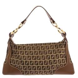 Pre Owned Fendi Tobacco Zucchino Canvas and Leather Front Pocket Shoulder Bag