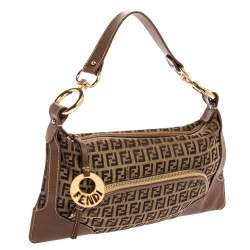 Pre Owned Fendi Tobacco Zucchino Canvas and Leather Front Pocket Shoulder Bag