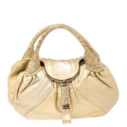 Pre Owned Fendi Gold Holographic Textured Leather Spy Hobo