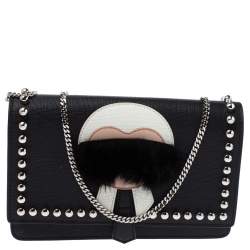 Pre Owned Fendi Black Leather Karlito Wallet on Chain