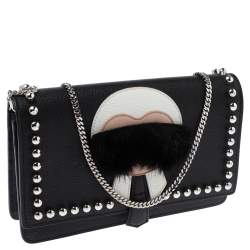 Pre Owned Fendi Black Leather Karlito Wallet on Chain