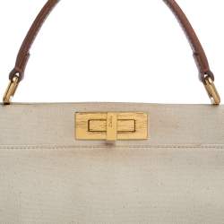 Pre Owned Fendi Cream/Tan Canvas and Leather Large Peekaboo Top Handle Bag