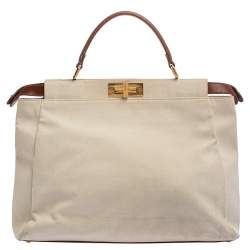 Pre Owned Fendi Cream/Tan Canvas and Leather Large Peekaboo Top Handle Bag