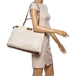 Pre Owned Fendi Cream/Tan Canvas and Leather Large Peekaboo Top Handle Bag