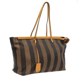 Pre Owned Fendi Brown/Mustard Pequin Canvas and Leather Roll Tote