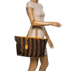 Pre Owned Fendi Brown/Mustard Pequin Canvas and Leather Roll Tote