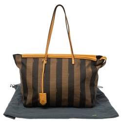 Pre Owned Fendi Brown/Mustard Pequin Canvas and Leather Roll Tote