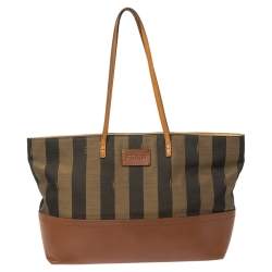 Pre Owned Fendi Brown/Tobacco Pequin Striped Canvas and Leather Roll Tote
