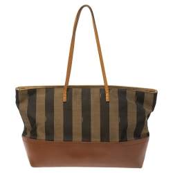 Pre Owned Fendi Brown/Tobacco Pequin Striped Canvas and Leather Roll Tote
